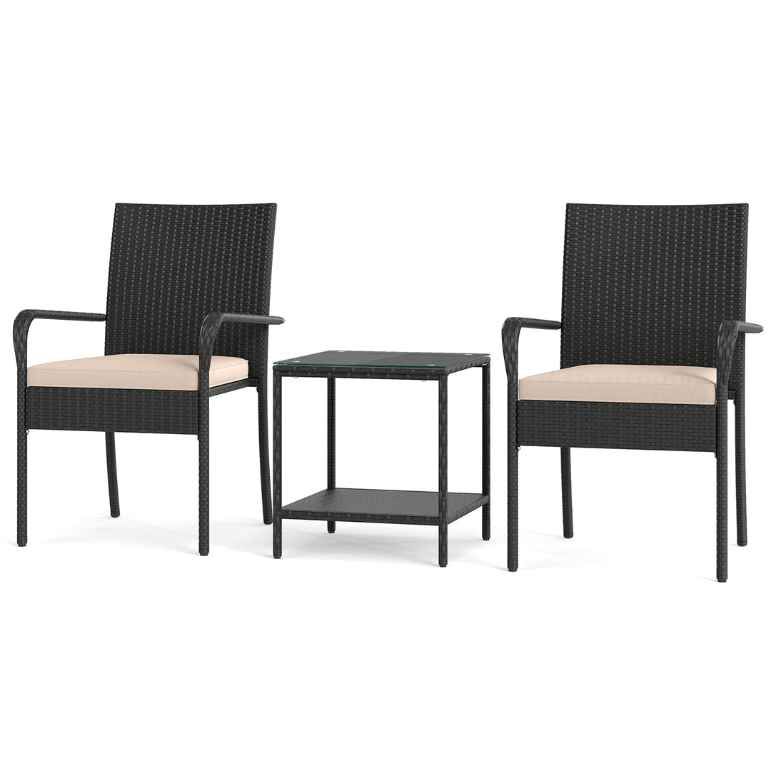 3 Piece Patio Furniture Set with Seat Cushions and Tempered Glass Tabletop