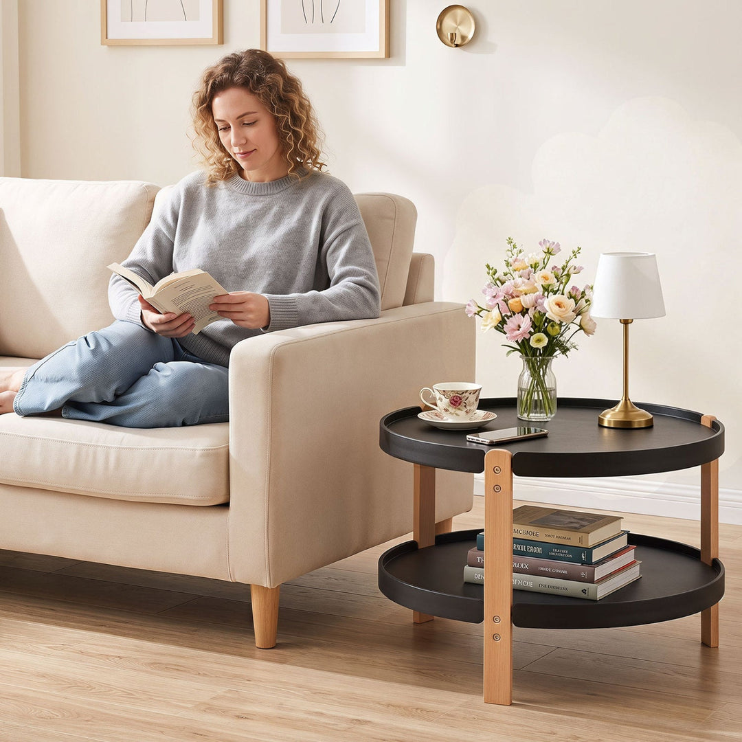 23.5" Round Coffee Table with 2-Tier Open Storage Shelf