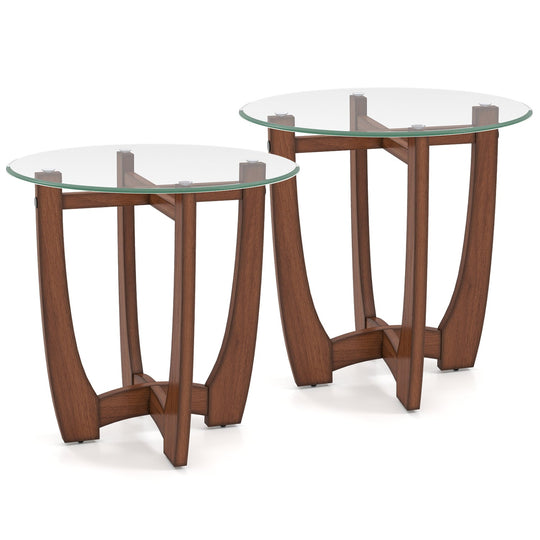 Round End Table Set of 2 with Tempered Glass Top