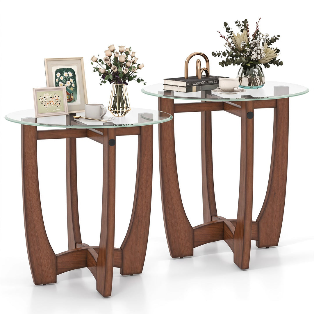 Round End Table Set of 2 with Tempered Glass Top