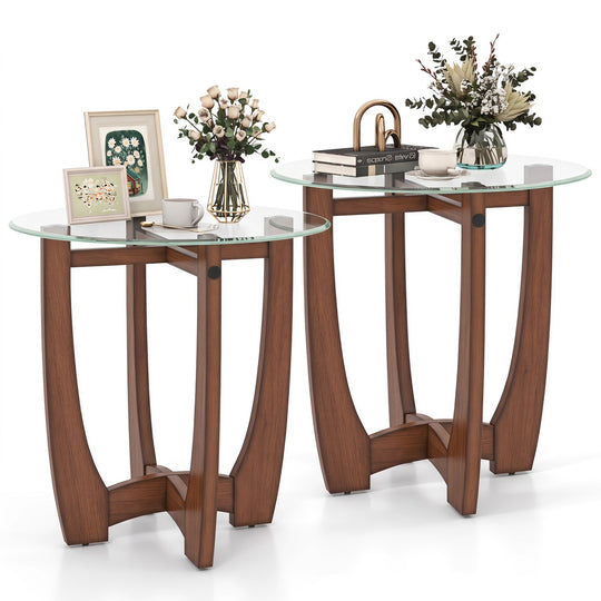 Round End Table Set of 2 with Tempered Glass Top
