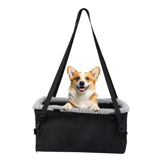 Small Dog Car Seat with Harness Center Console Pet Booster Seat Travel Car Seat with Side Pocket Cotton Velvet Cushion for Dogs Cats Up to 9LBS