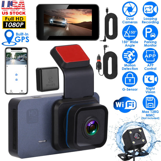 1080P Dual Lens Dash Cam Vehicle Driving Recorder Car DVR with WiFi GPS G-Sensor APP Control Motion Detection Parking Monitor Night Vision