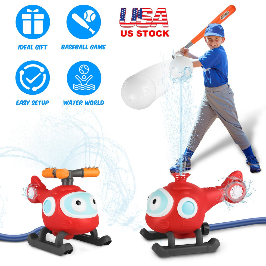2 In 1 Water Sprinkler Baseball Helicopter Toy for Kids 360¡Rotating Water Tee Ball Set for Backyard Lawn Pool Party Outdoor Summer Game for 3+ Years