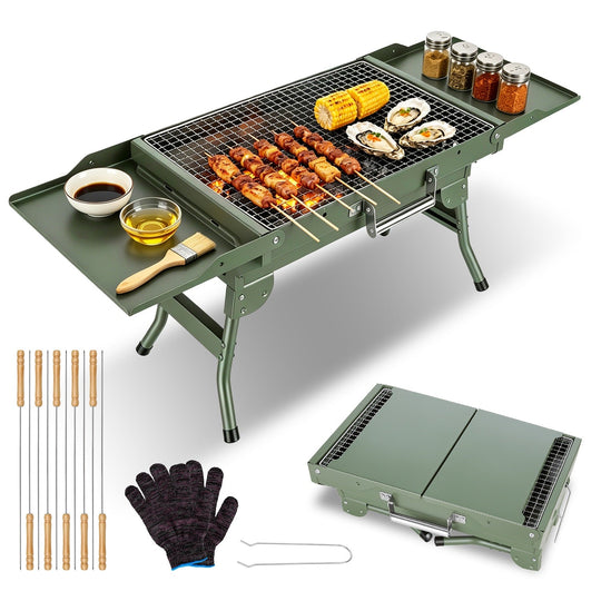 Foldable Charcoal Grill with Storage Shelf and 10 Skewers