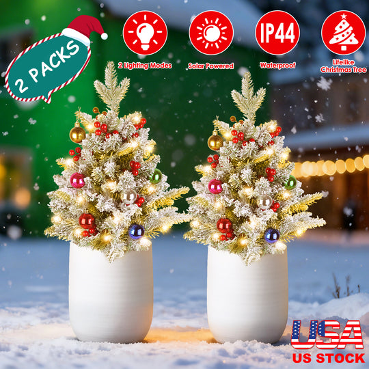 2Pcs Solar Powered Lighted Christmas Tree Urn Filler With Light Artificial Xmas Trees Light with Berries Decor Balls LED Pathway Pine Tree IP44 Waterp