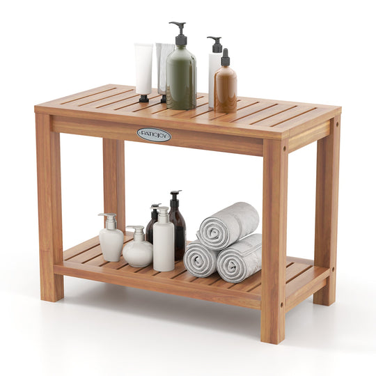 24 Inch Teak Wood Shower Bench Inside Shower Stool with Storage Shelf