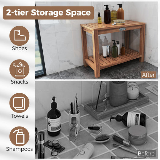 24 Inch Teak Wood Shower Bench Inside Shower Stool with Storage Shelf