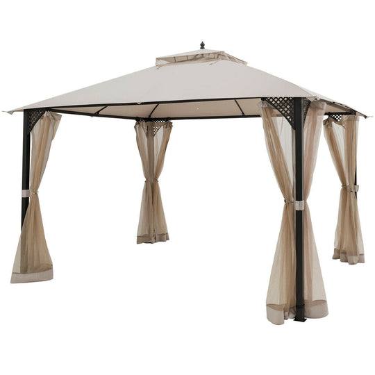12 x 10 Feet Outdoor Double Top Patio Gazebo with Netting-Brown