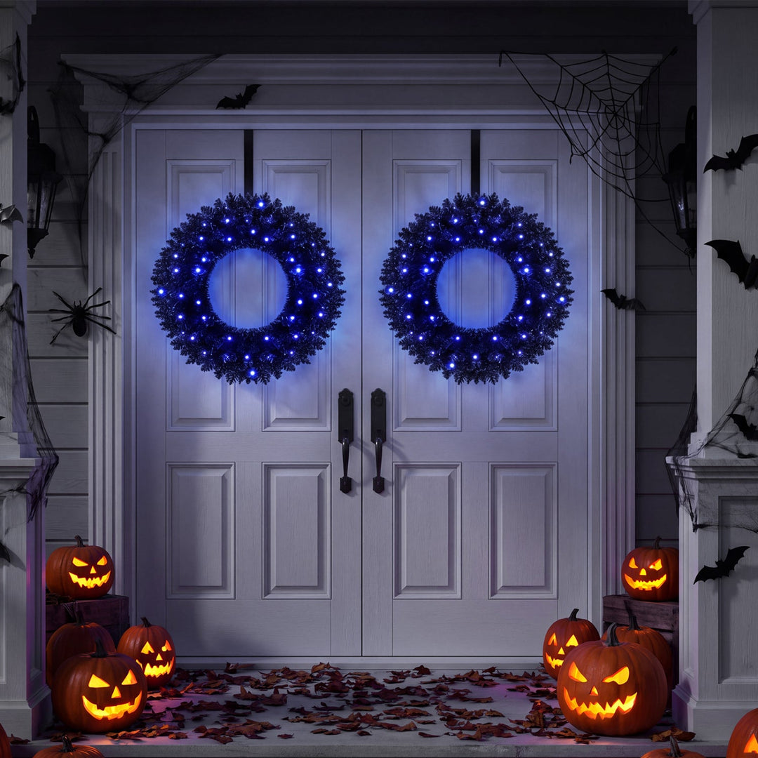 24" Halloween Wreath with 35 Purple LED Lights - Set of 2