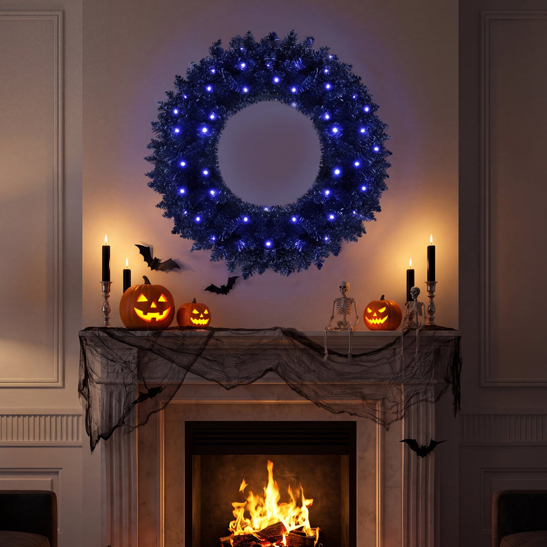24" Halloween Wreath with 35 Purple LED Lights - Set of 2