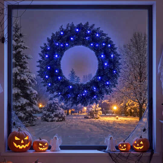 24" Halloween Wreath with 35 Purple LED Lights - Set of 2