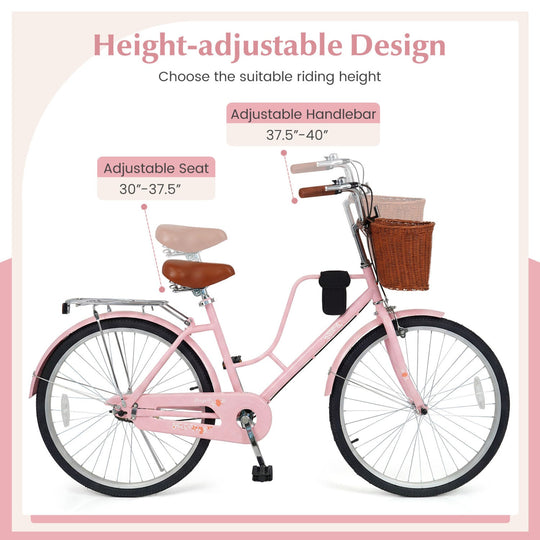 26-Inch Beach Cruiser Bike with Basket and Cup Holder - Pink
