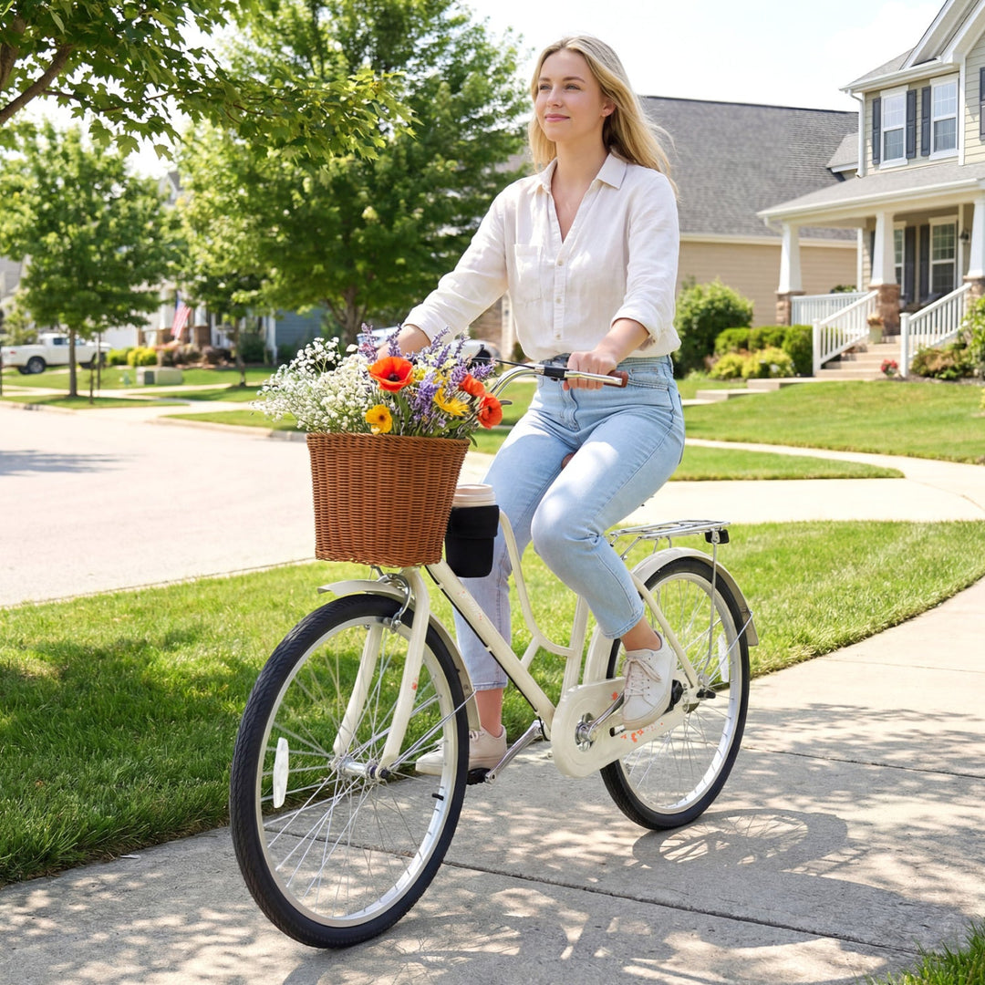 26-Inch Beach Cruiser Bike with Basket and Cup Holder
