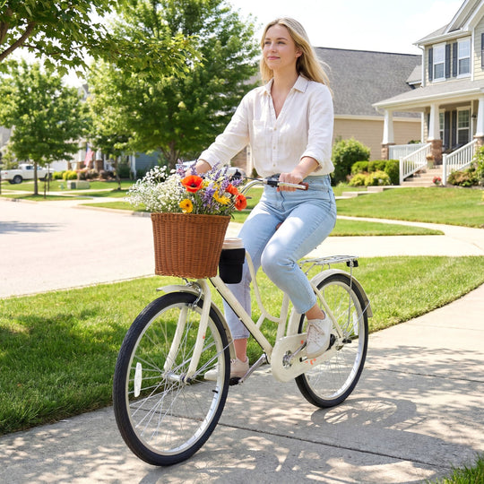 26-Inch Beach Cruiser Bike with Basket and Cup Holder