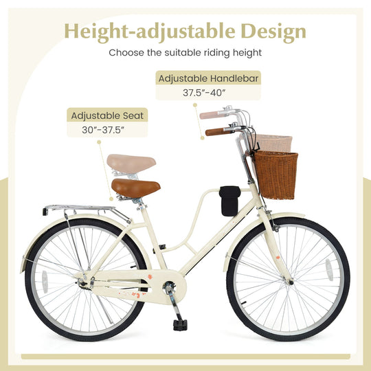 26-Inch Beach Cruiser Bike with Basket and Cup Holder