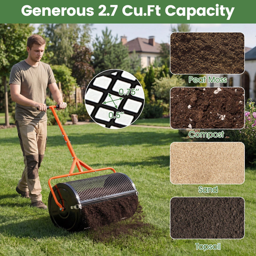 24 Inch Compost Spreader Peat Moss Spreader Roller with Height-Adjustable T-Shaped Handle