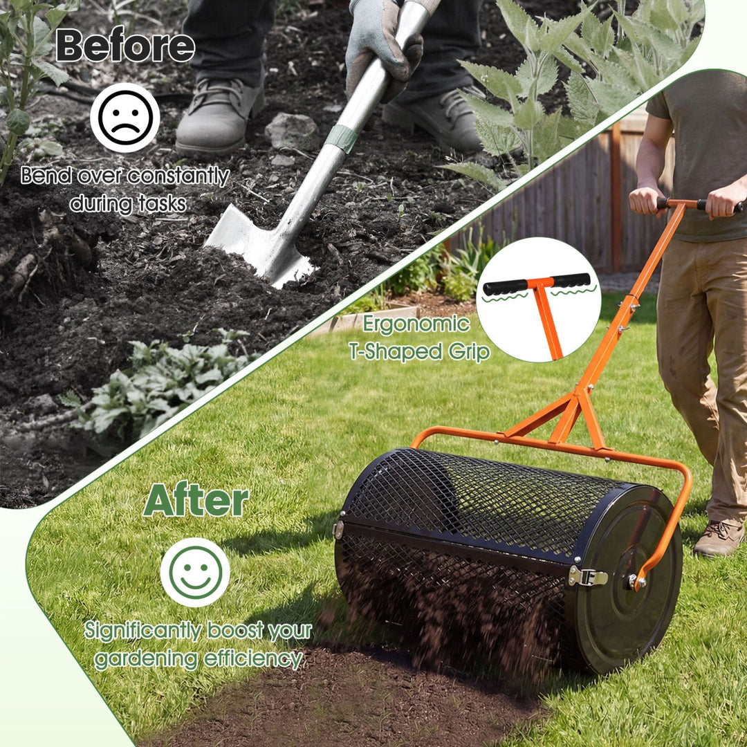 24 Inch Compost Spreader Peat Moss Spreader Roller with Height-Adjustable T-Shaped Handle