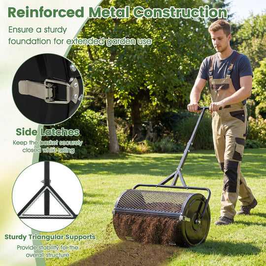 24 Inch Compost Spreader Peat Moss Spreader Roller with Height-Adjustable T-Shaped Handle