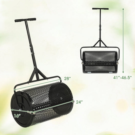 24 Inch Compost Spreader Peat Moss Spreader Roller with Height-Adjustable T-Shaped Handle