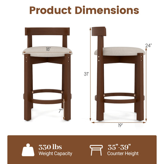 24 Inch Counter Height Bar Stools Set of 2 with Backrests and Footrests-Beige