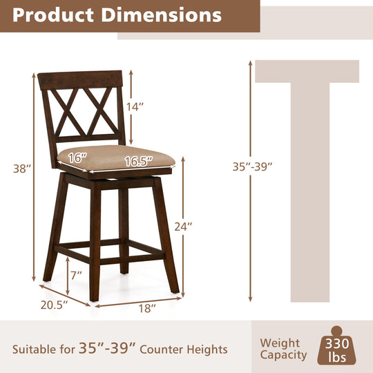 24 Inch Counter Height Barstools Set of 2 with Backrest and Seat Cushion