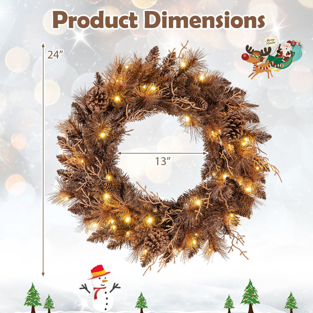 24 Inch Pre-lit Christmas Wreath with 105 Branch Tips and 35 Warm White LED Lights