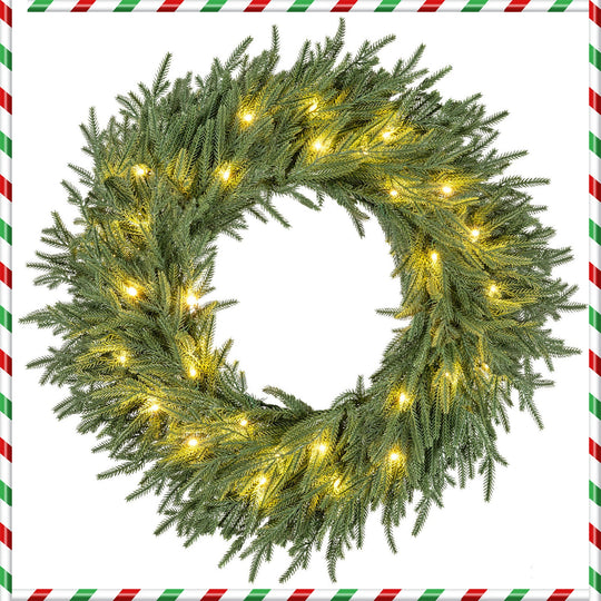 24 Inch Pre-lit Christmas Wreath with 108 Branch Tips and 35 Warm White LED Lights for Wall Window