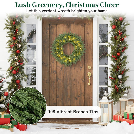 24 Inch Pre-lit Christmas Wreath with 108 Branch Tips and 35 Warm White LED Lights for Wall Window