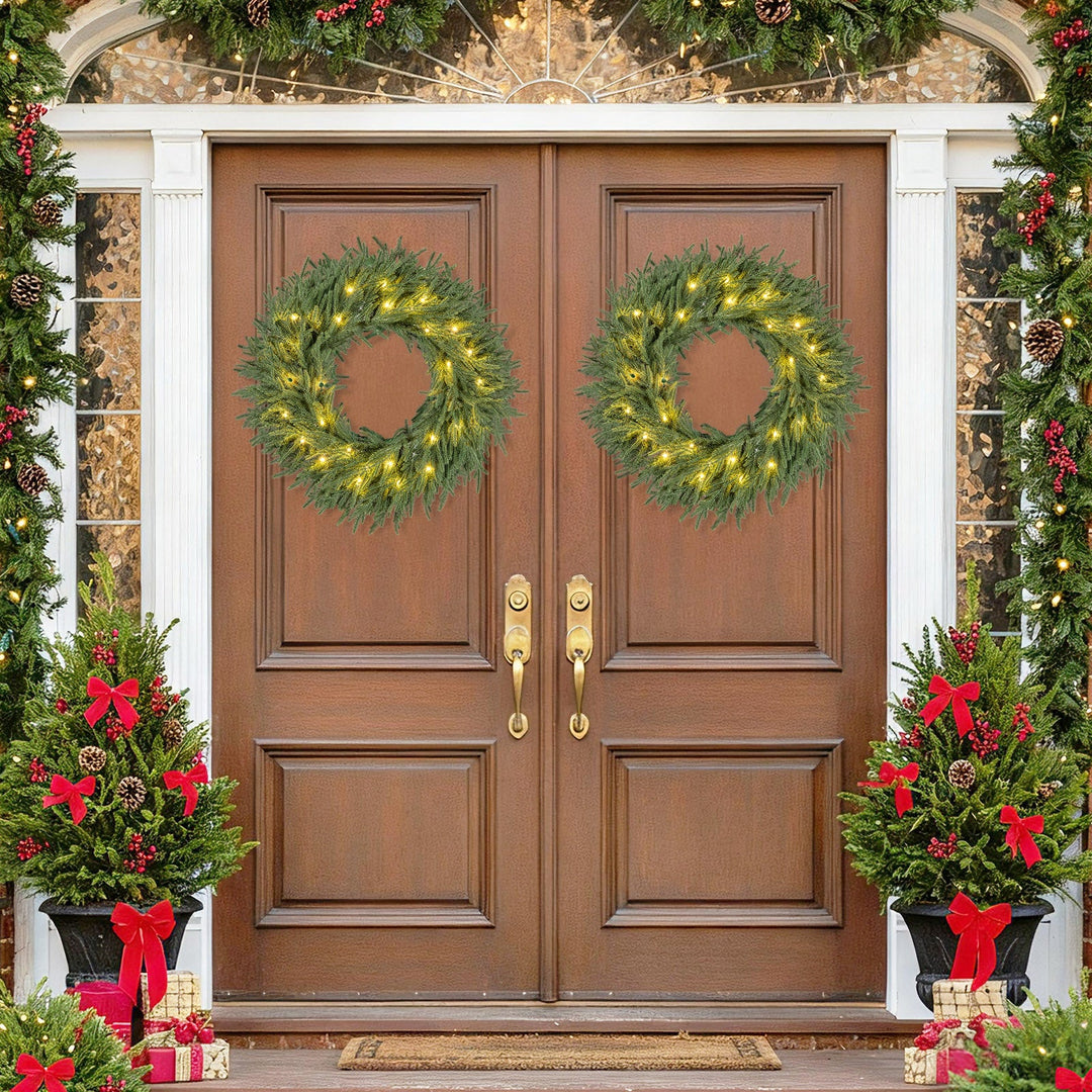 24 Inch Pre-lit Christmas Wreath with 108 Branch Tips and 35 Warm White LED Lights for Wall Window