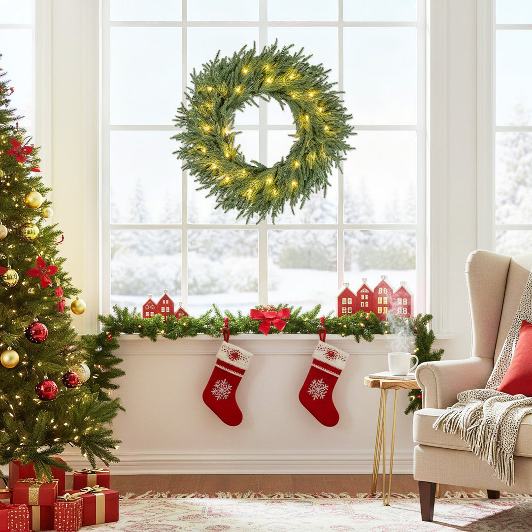 24 Inch Pre-lit Christmas Wreath with 108 Branch Tips and 35 Warm White LED Lights for Wall Window