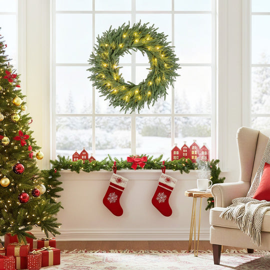 24 Inch Pre-lit Christmas Wreath with 108 Branch Tips and 35 Warm White LED Lights for Wall Window