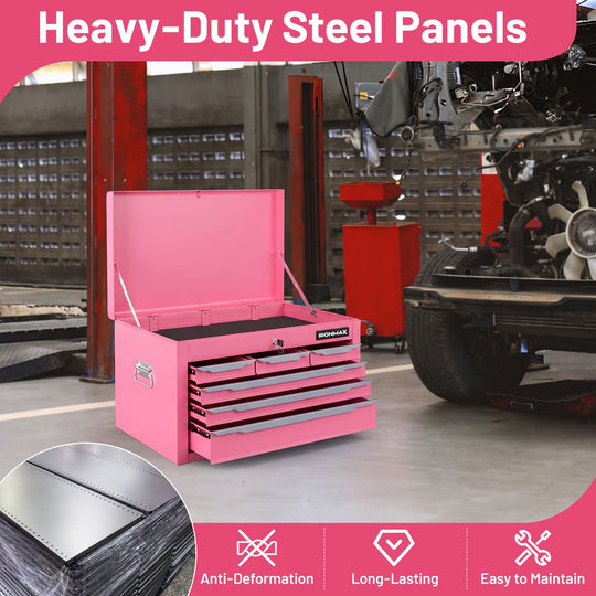 24 Inch Tool Chest Case with 6 Drawers and Top Storage for Garage Repair Shop & Warehouse-Pink