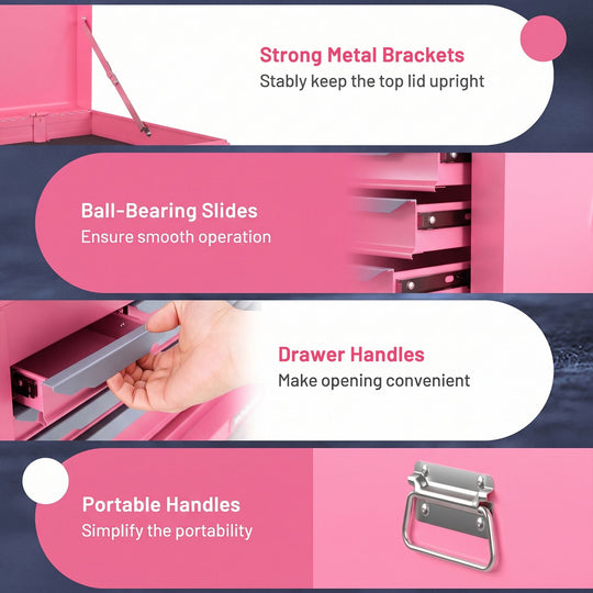 24 Inch Tool Chest Case with 6 Drawers and Top Storage for Garage Repair Shop & Warehouse-Pink