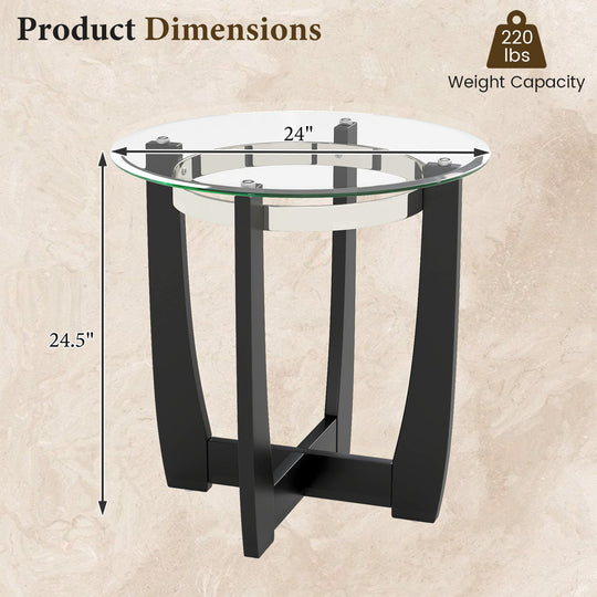24 Inches Round Side Table with Tempered Glass Top and Solid Rubber Wood Base