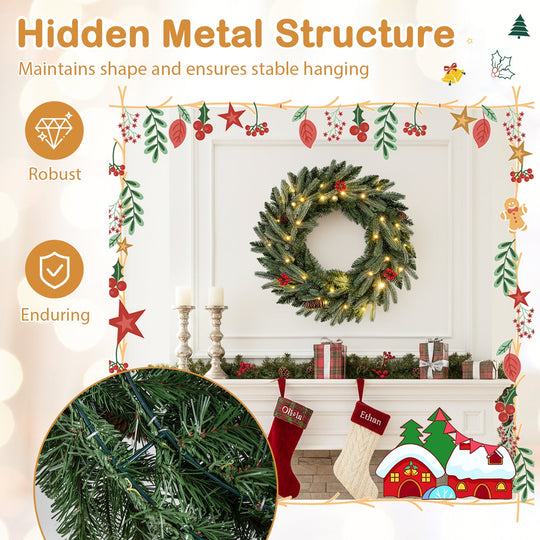 24‚Äù Pre-lit Christmas Wreath Front Door Artificial Xmas Wreath with 90 Frosted Branch Tips