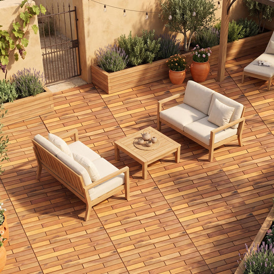 Acacia Wood Interlocking Deck Tiles - 12 Pieces, 24x12 Inch