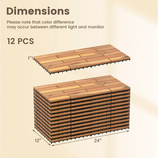 Acacia Wood Interlocking Deck Tiles - 12 Pieces, 24x12 Inch