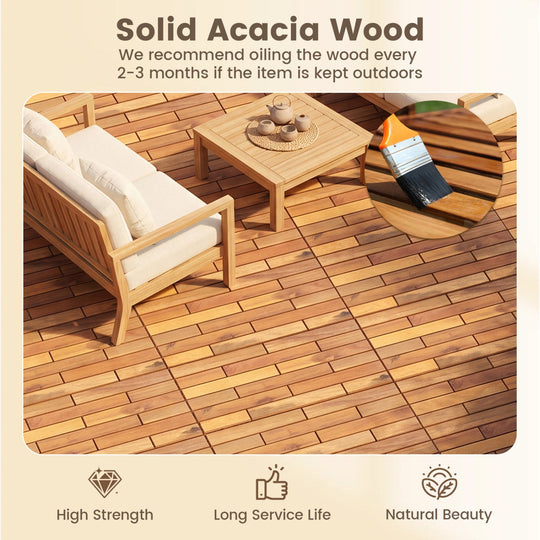 Acacia Wood Interlocking Deck Tiles - 12 Pieces, 24x12 Inch