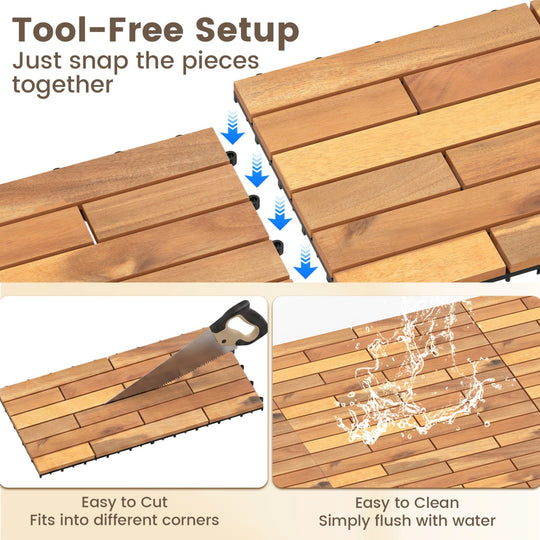 Acacia Wood Interlocking Deck Tiles - 12 Pieces, 24x12 Inch