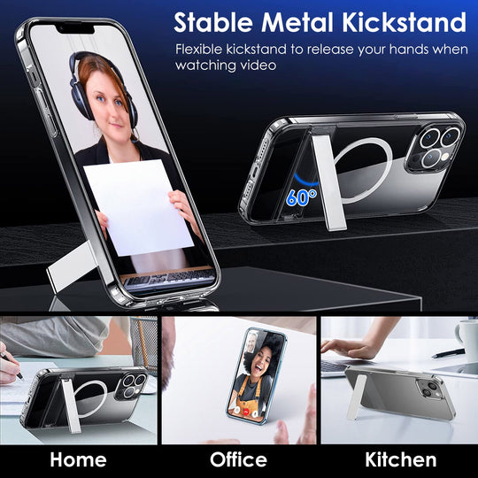 Magnetic Metal Kickstand Clear Case Shockproof Anti Yellowing Phone Cover Compatible with Magsafe Fit for IOS Phone 14