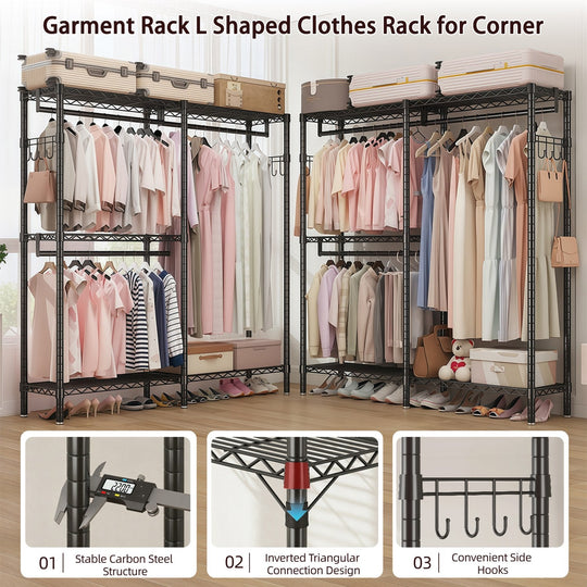 L-Shaped Garment Rack with Adjustable Shelves & 3 Hanging Rods