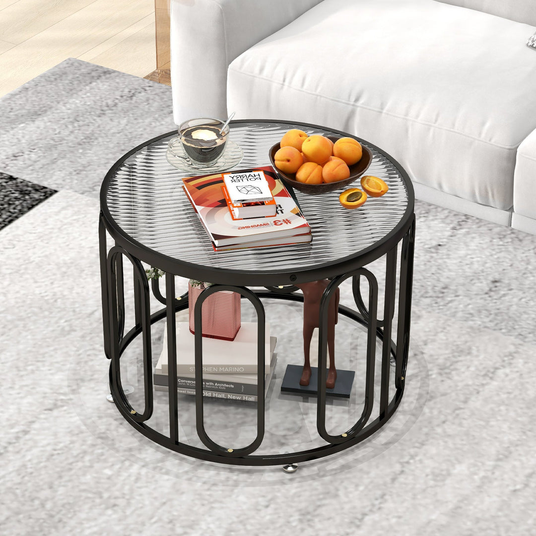24 Inch Round Coffee Table with Reeded Tempered Glass Top and Oval Swivel Brackets