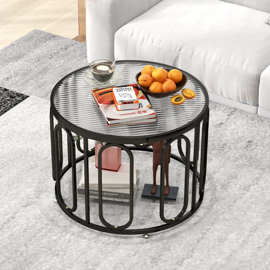 24 Inch Round Coffee Table with Reeded Tempered Glass Top and Oval Swivel Brackets