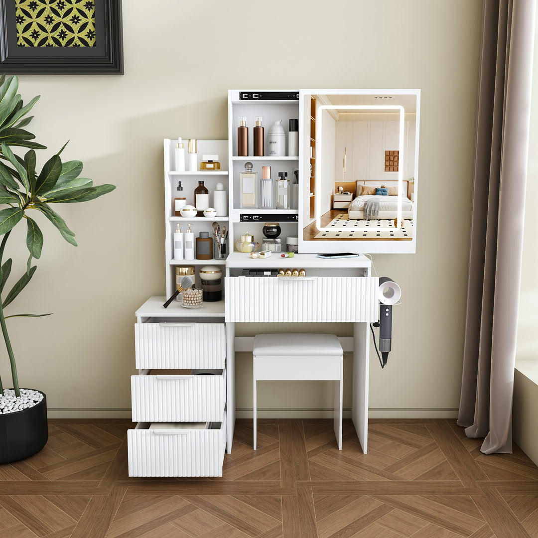 Vanity Desk Set Makeup Dressing Table with Stool, Lighted Mirror, 3 Drawers, 3 Open Shelves, 3 Open Cubbies, Power Stati