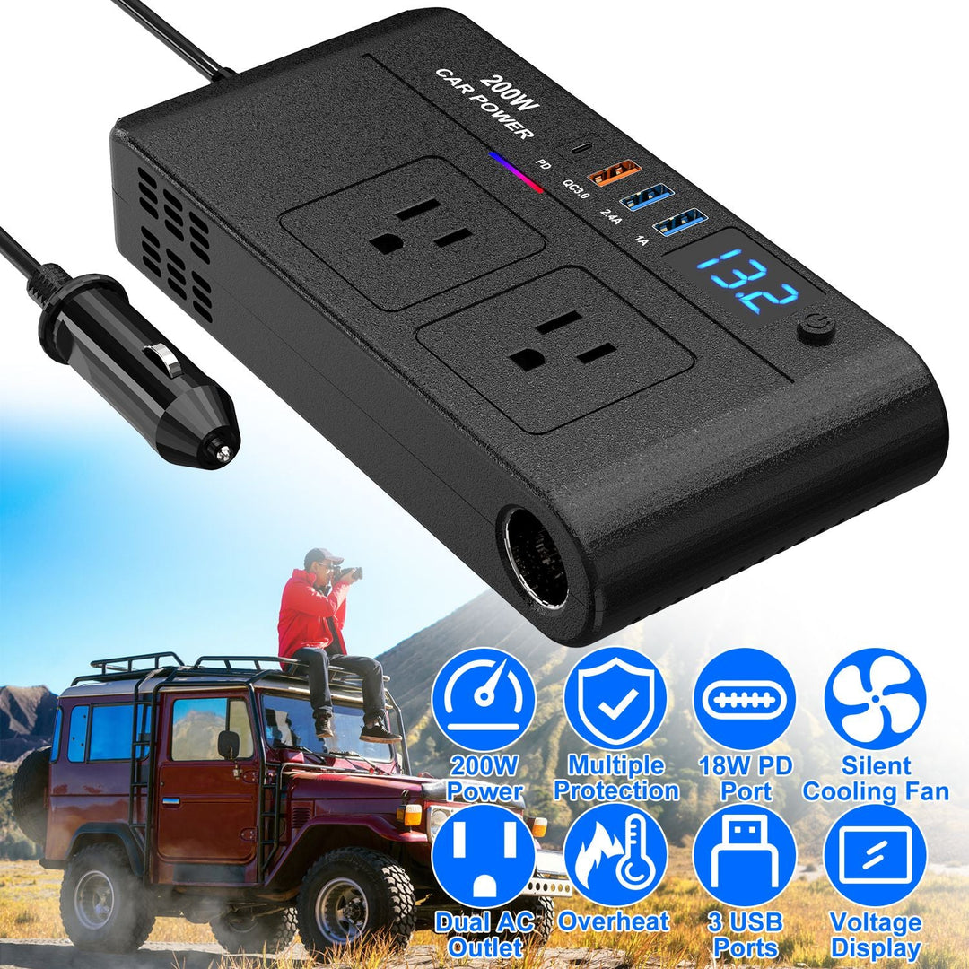200W 12V Car Inverter DC12V to AC110V Vehicle Power Converter with 2 110V AC Outlets 1 Type-C 3 USB Ports Quick Charge Overheat Protection Voltage Dis