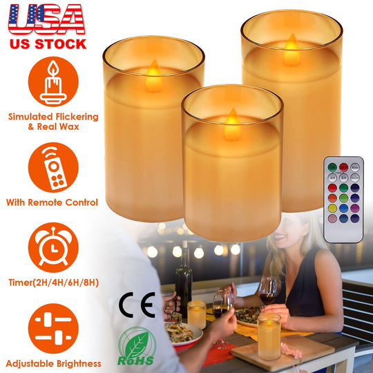 3Packs Flameless Candles Battery Operated Pillar Real Wax LED Glass Candle Warm White with Remote Control Timer