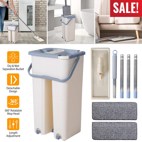 Flat Floor Mop Bucket Set Self Cleaning Wet Dry Usage with 2Pcs Reusable MicrofiberÊMop Pads
