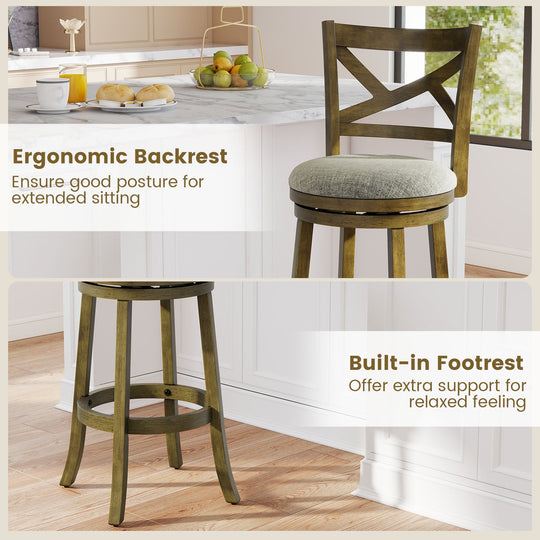 25/30 Inch Swivel Bar Stools Set of 2 with Backrests and Wood Frame