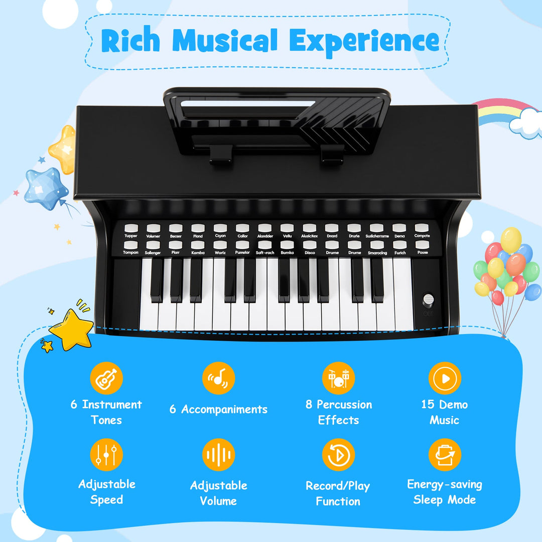 25 Keys Kids Piano Keyboard with Stool Mini Digital Piano Wooden Toy with Adjustable Speed and Volume